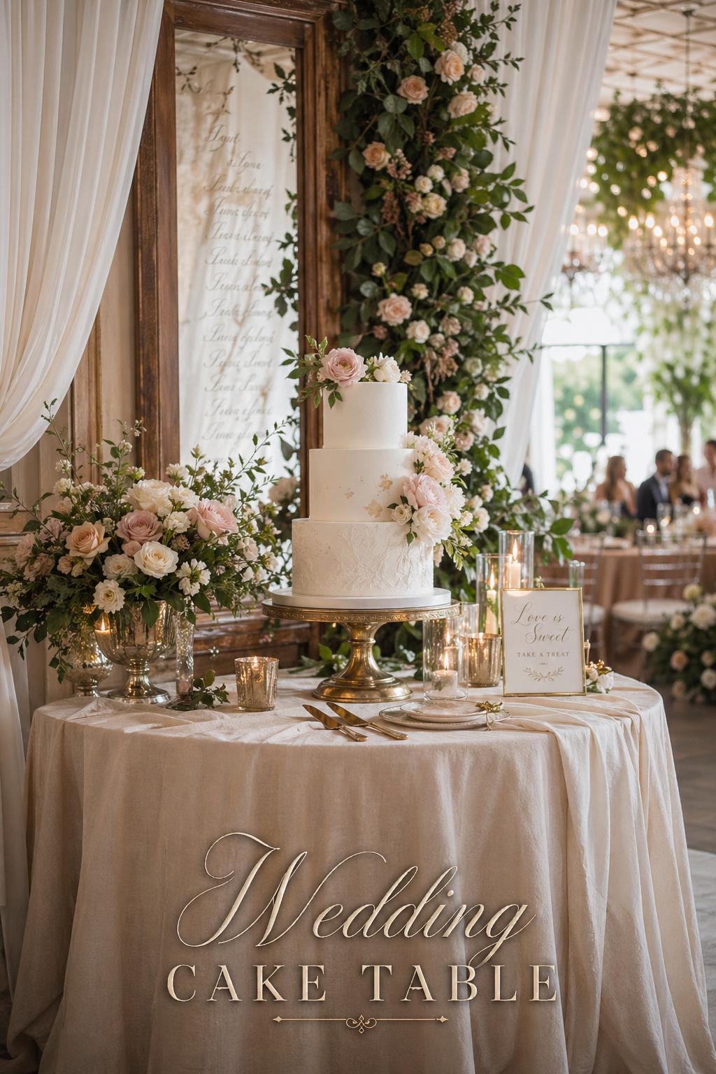 Elegant wedding cake table with buttercream cake, candles, florals, and airy reception lighting in a refined ballroom setting