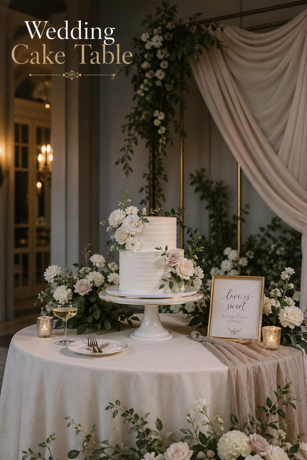 Elegant wedding cake table with pedestal cake, layered linens, florals, candles, and soft greenery in warm reception light