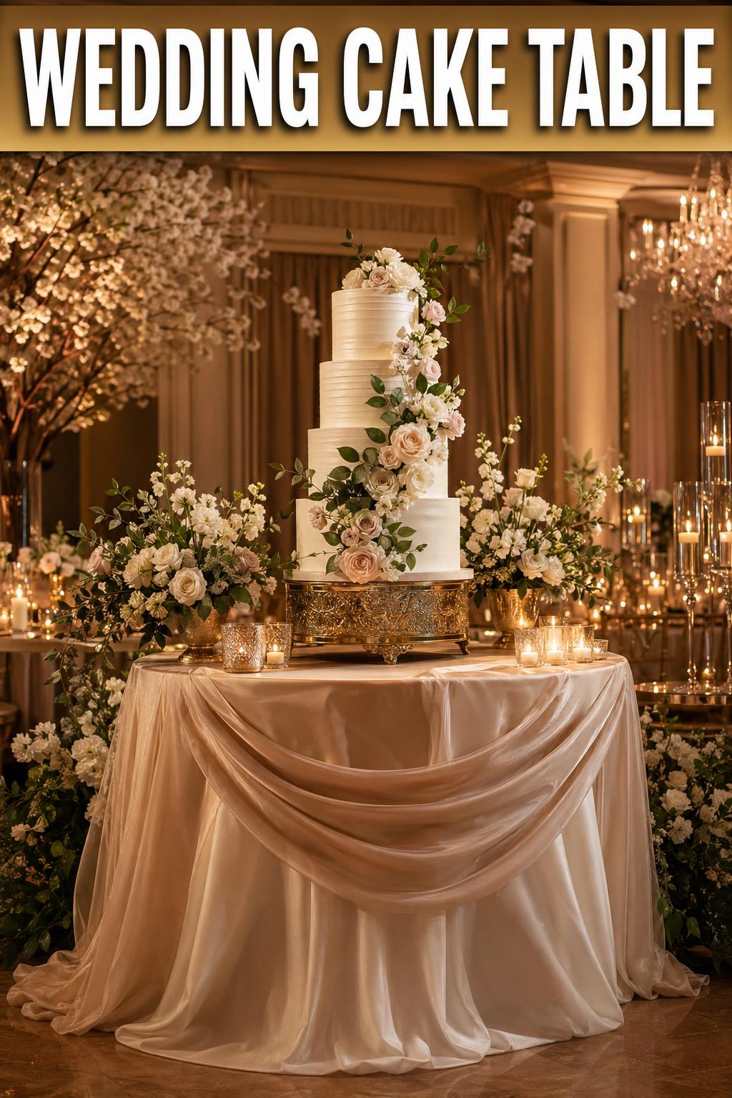 Elegant wedding cake table with tiered cake, floral decor, and candles at a romantic reception venue
