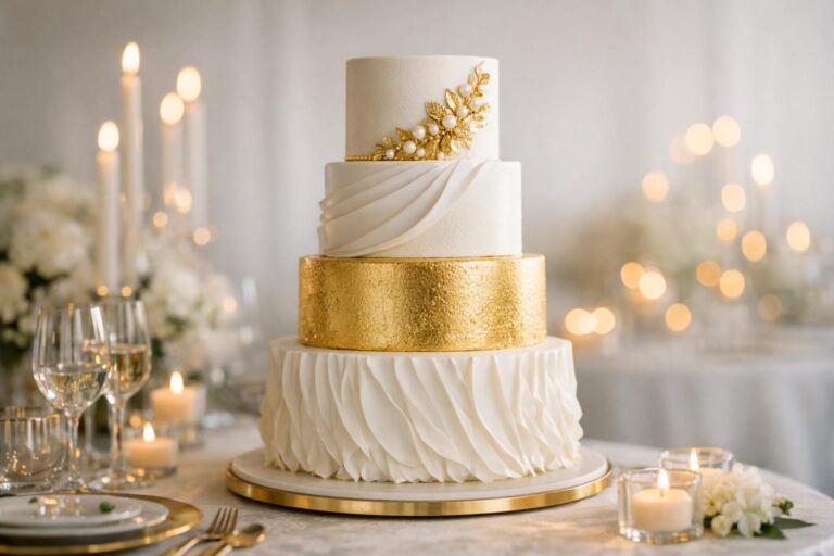 Elegant white and gold wedding cake with smooth tiers and fine gold edging on a luxe reception dessert table