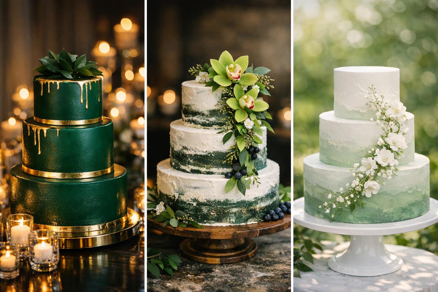 Green wedding cake with emerald ombré tiers, gold drip accents, and fresh berry garnish on an elegant reception table