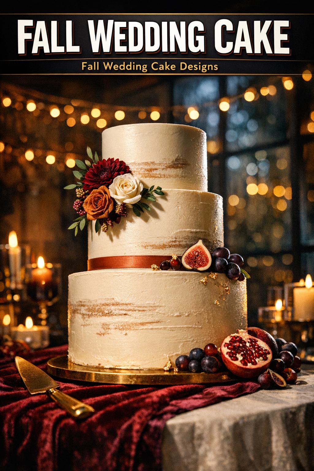 Elegant fall wedding cake with autumn florals and warm seasonal colors on a rustic reception table