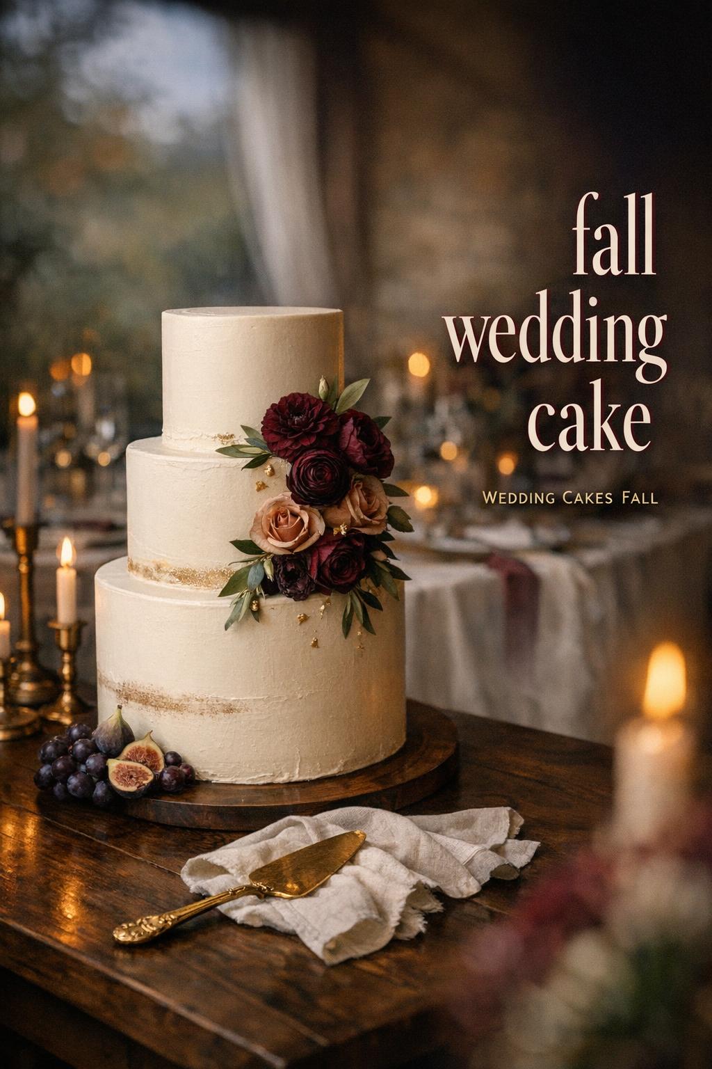 Fall wedding cake on walnut table with burgundy florals, figs, candles, and elegant text overlay in warm candlelight