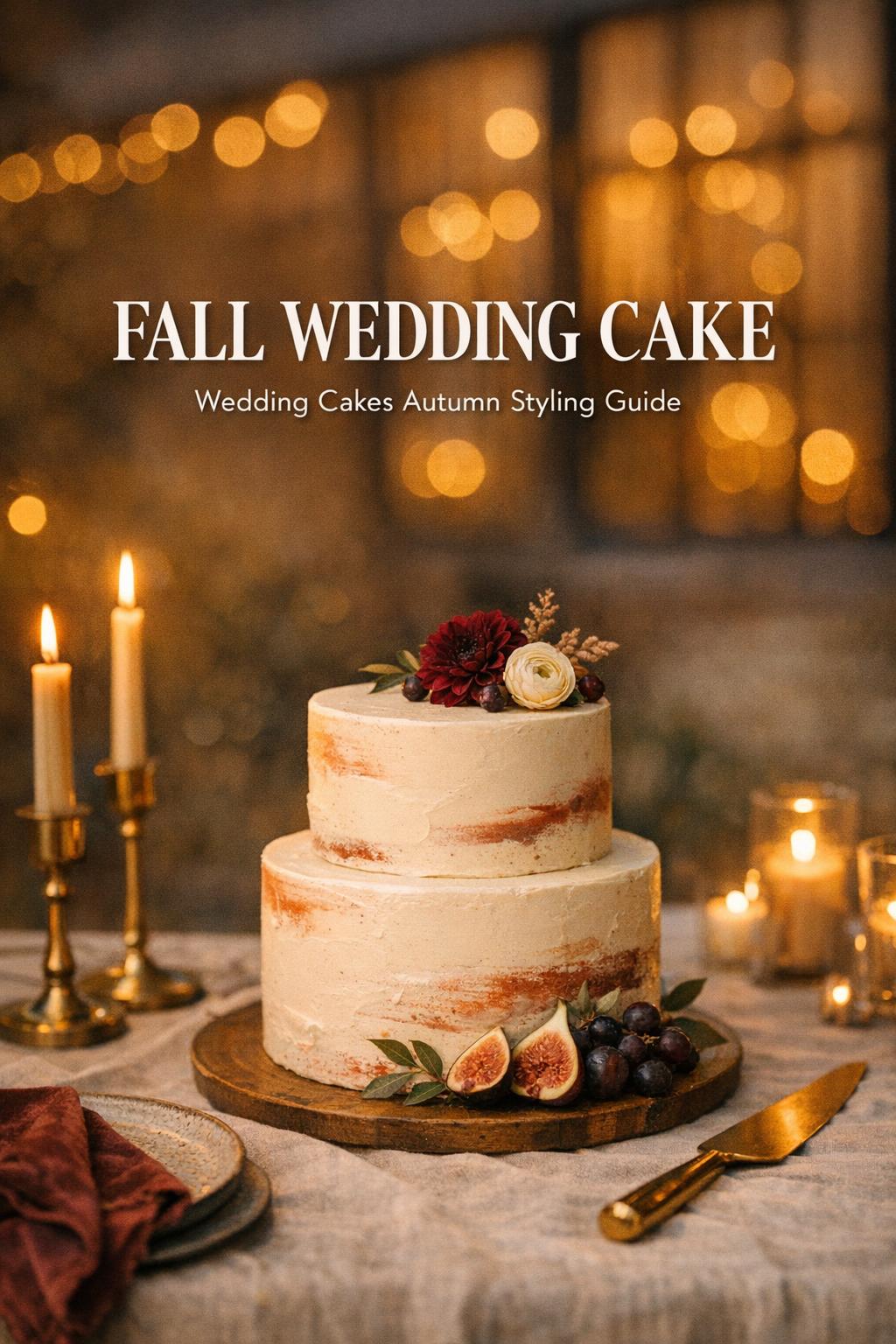 Fall wedding cake on a linen table with figs, candles, and burgundy accents at golden-hour vineyard reception