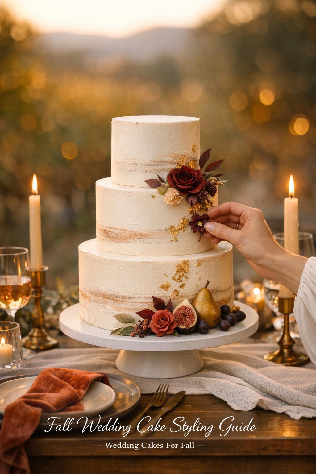 Fall wedding cake with ivory buttercream, figs, burgundy blooms, and candlelit autumn reception tablescape