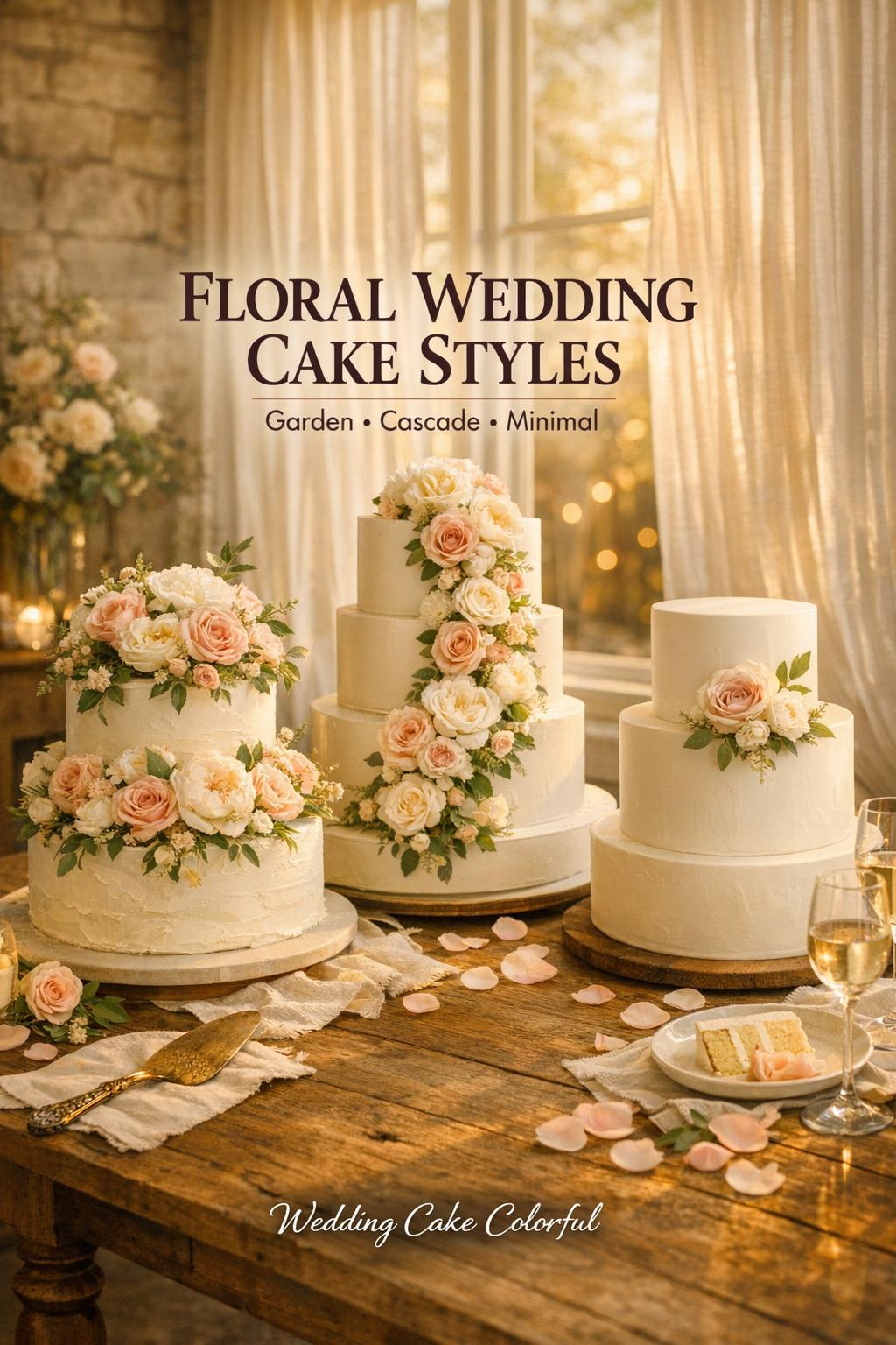 Floral wedding cake styles on a golden-hour cake tasting table by a sunlit window with garden, cascade, and minimal designs