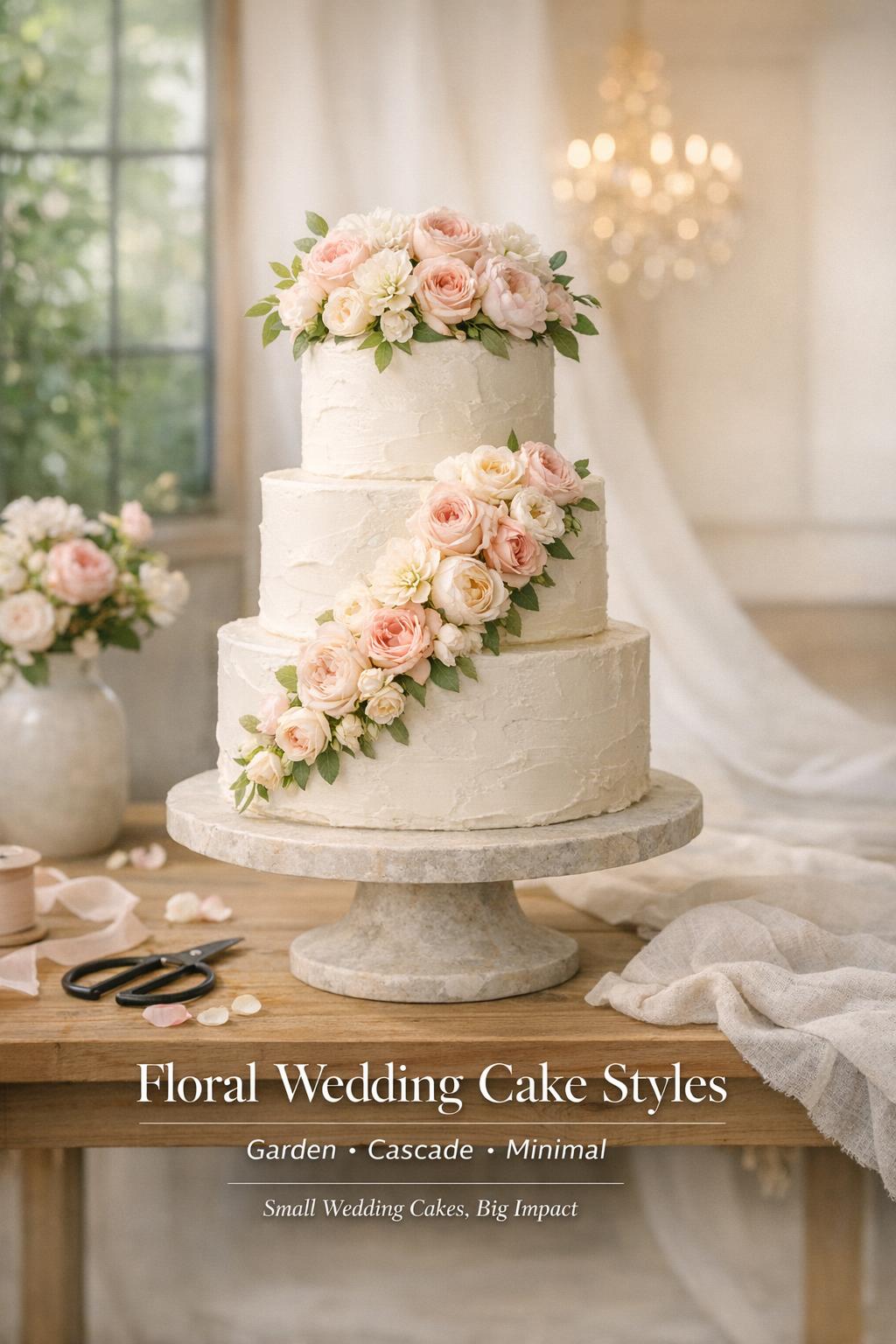Floral wedding cake on stone pedestal with garden, cascade, and minimal rose styling in a bright wedding design studio