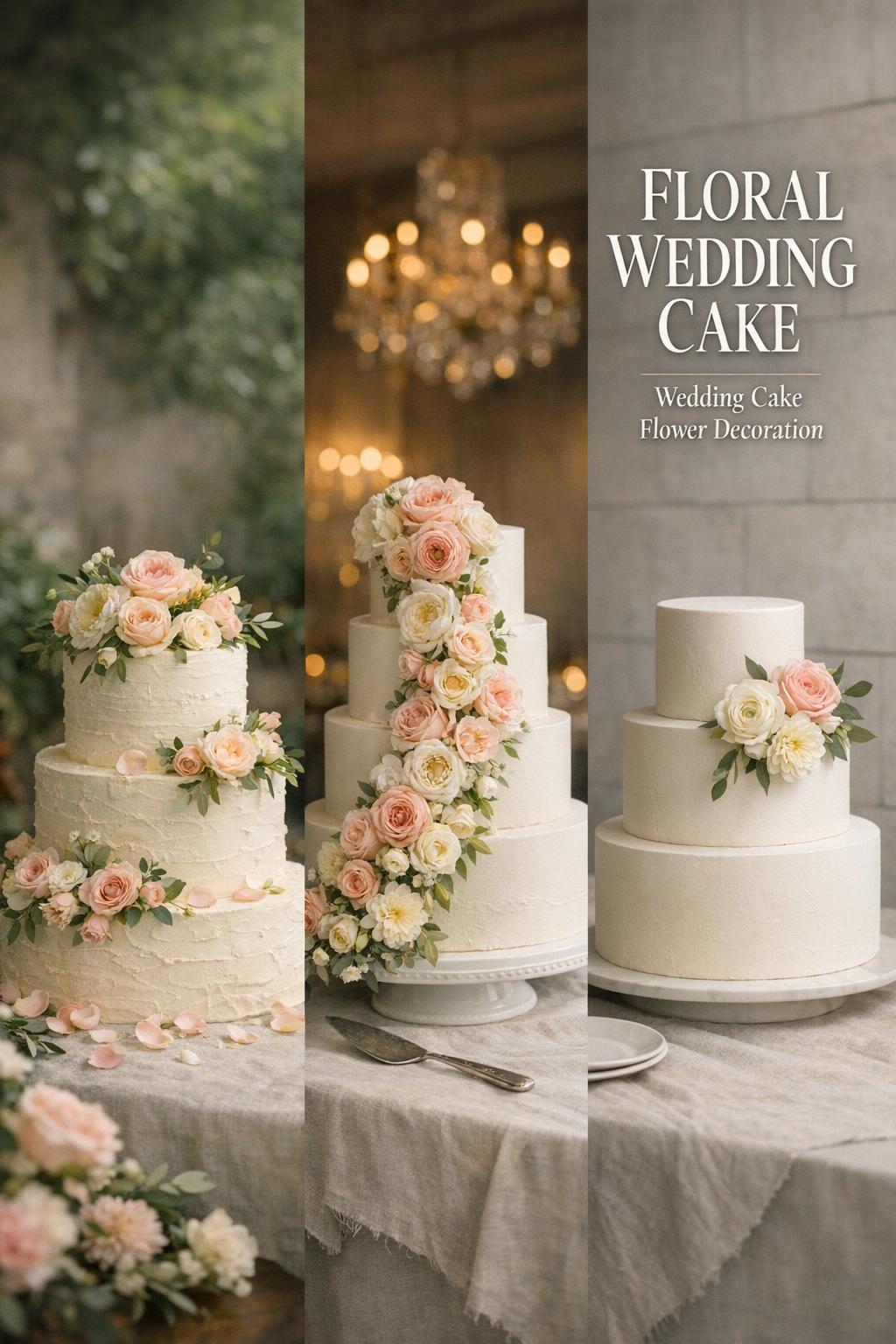 Floral wedding cake comparison with three white tiered cakes styled garden, cascade and minimalist on linen table