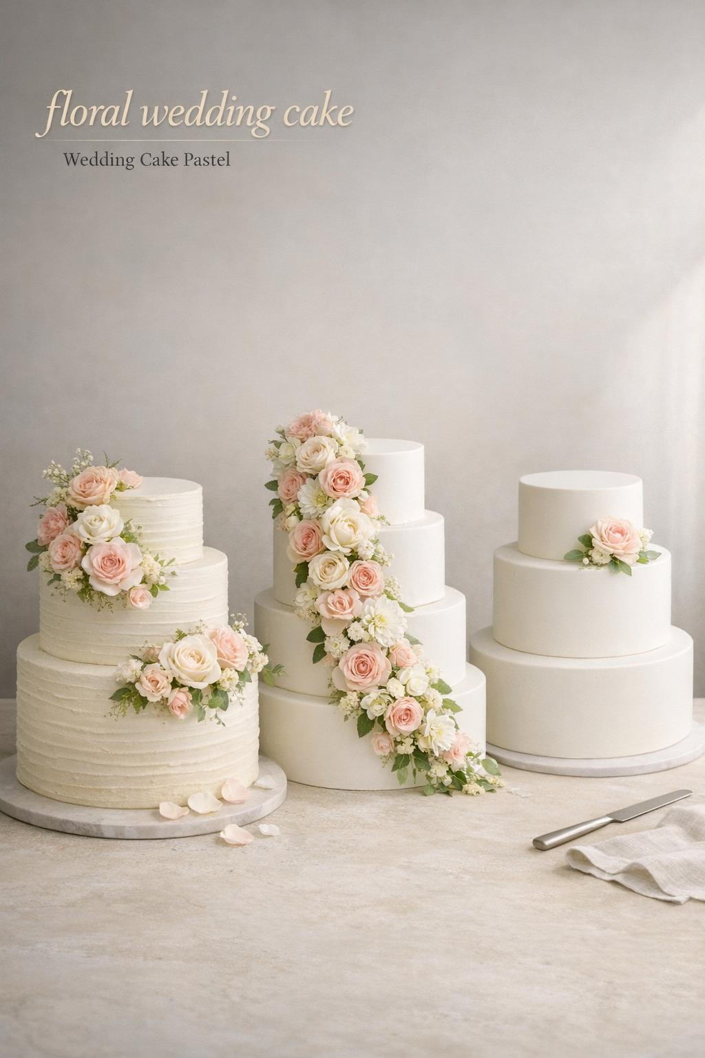 Floral wedding cake comparison featuring three white tiered cakes with pastel roses, peonies, dahlias, and greenery in soft studio light.