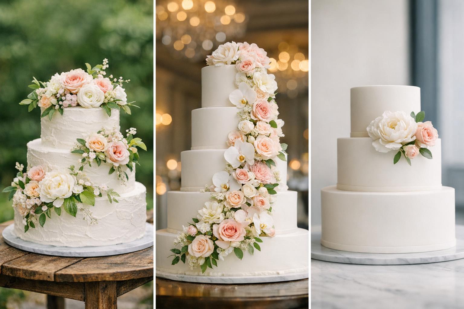 Floral wedding cake with white tiers and blush roses cascading in soft garden style on a reception table