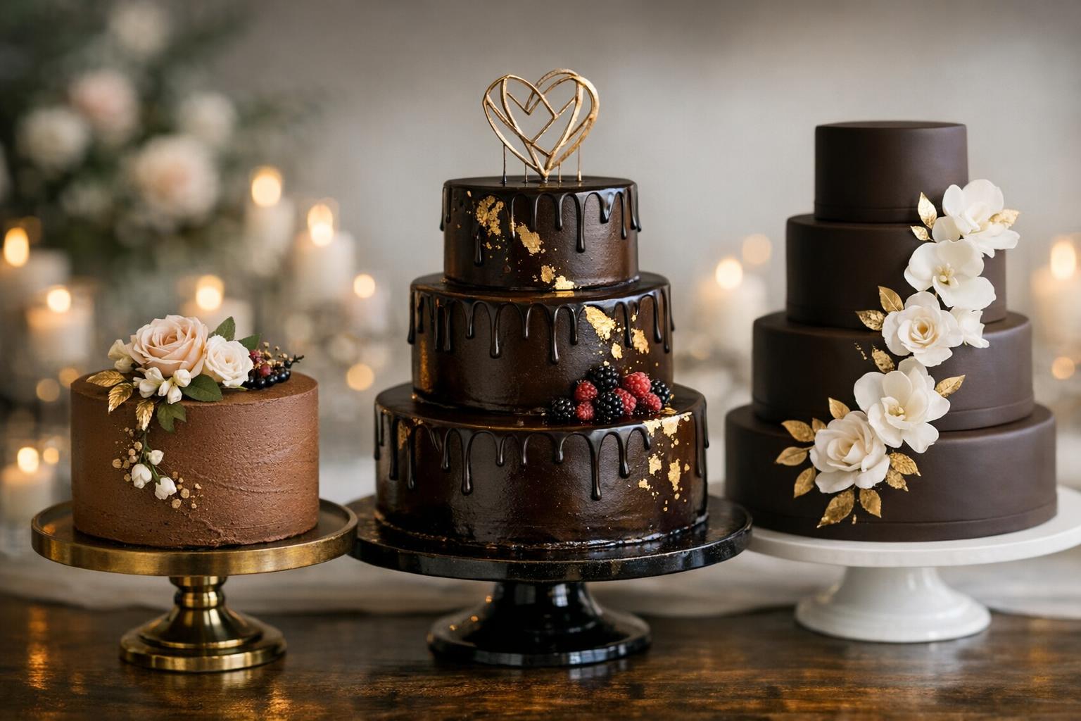 Glossy three-tier chocolate wedding cake with ganache shine and fresh florals on an elegant reception table