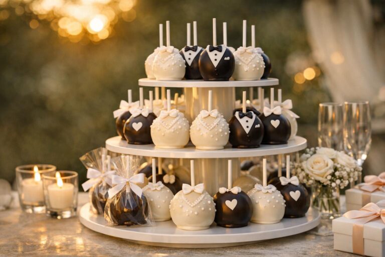 Wedding cake pops on a tiered stand styled in warm golden-hour light for an elegant dessert table