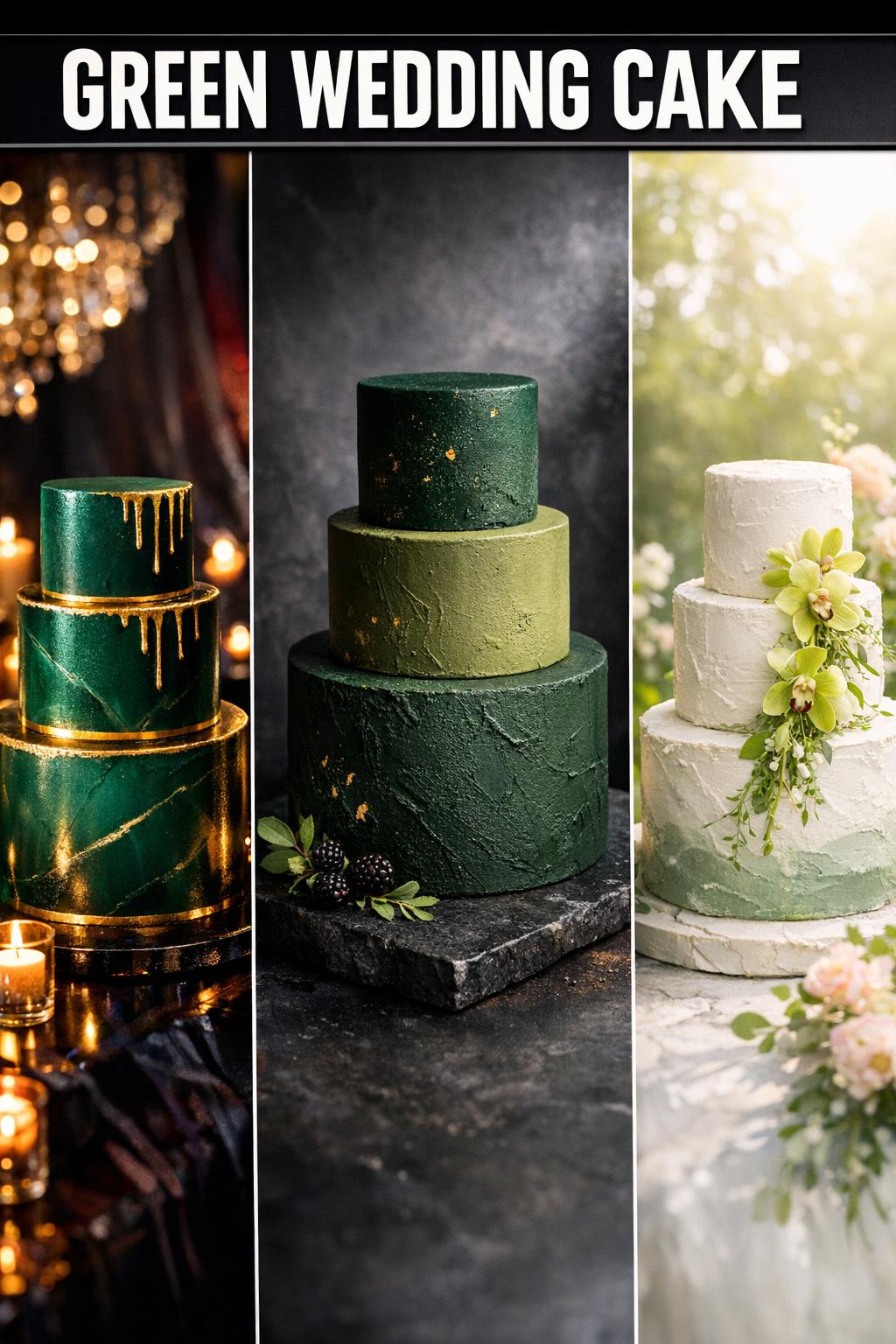 Green wedding cake with elegant floral details on a decorated reception table