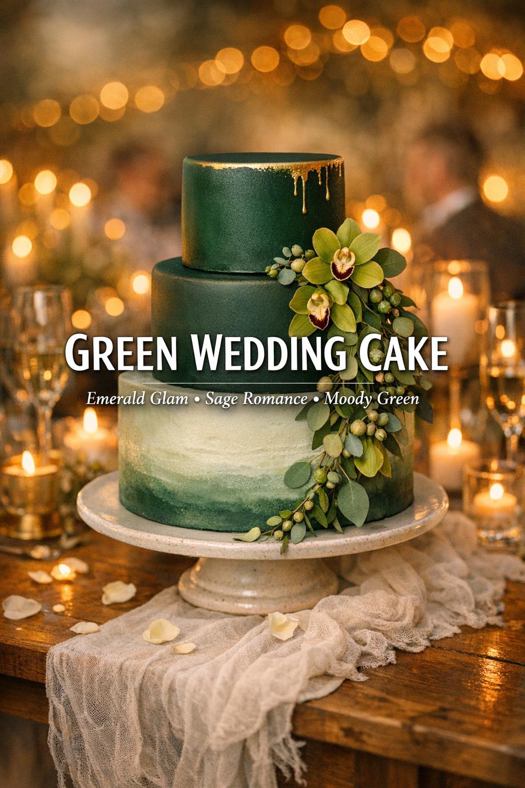 Green wedding cake on linen runner with candles and orchids at golden-hour reception, with “GREEN WEDDING CAKE” text