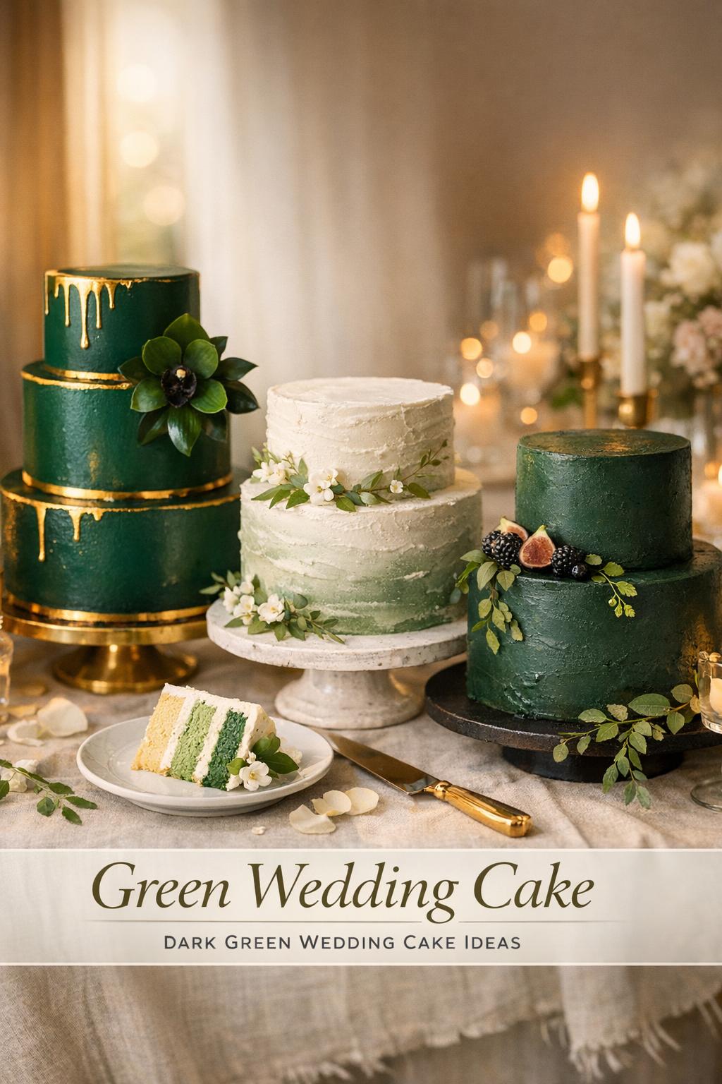 Green wedding cake dessert table with emerald, sage and forest designs in warm golden-hour light, editorial wedding detail.