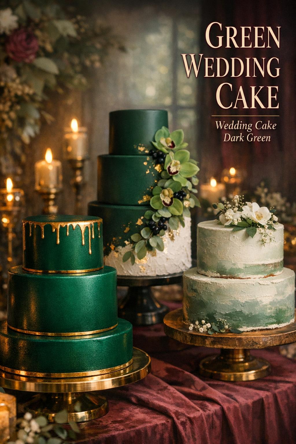 Green wedding cake trio on luxe candlelit dessert table with emerald, sage and dark green tiers, gold accents