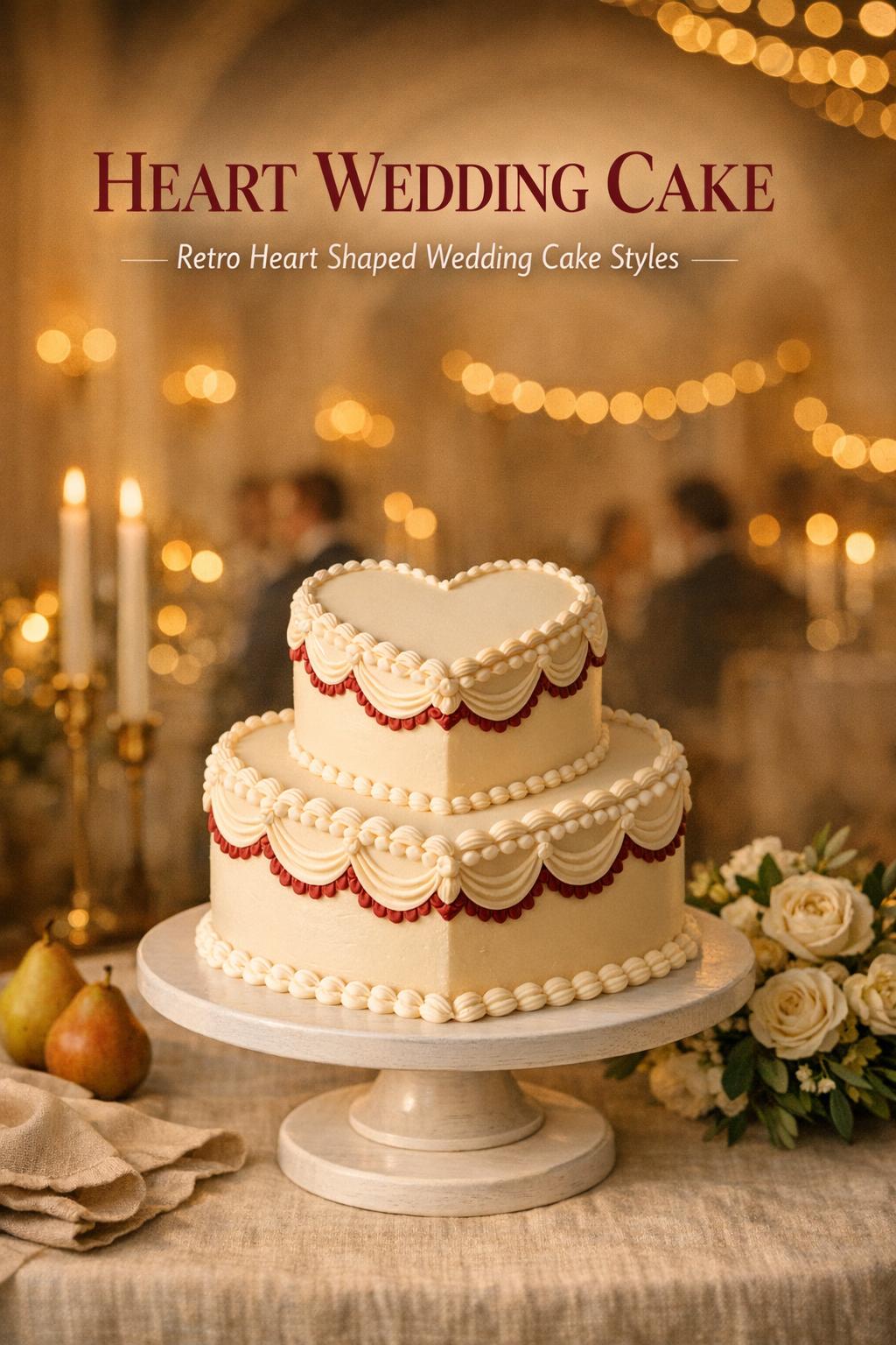 Heart wedding cake on pedestal with vintage piping, warm golden-hour reception decor and candles in soft bokeh background