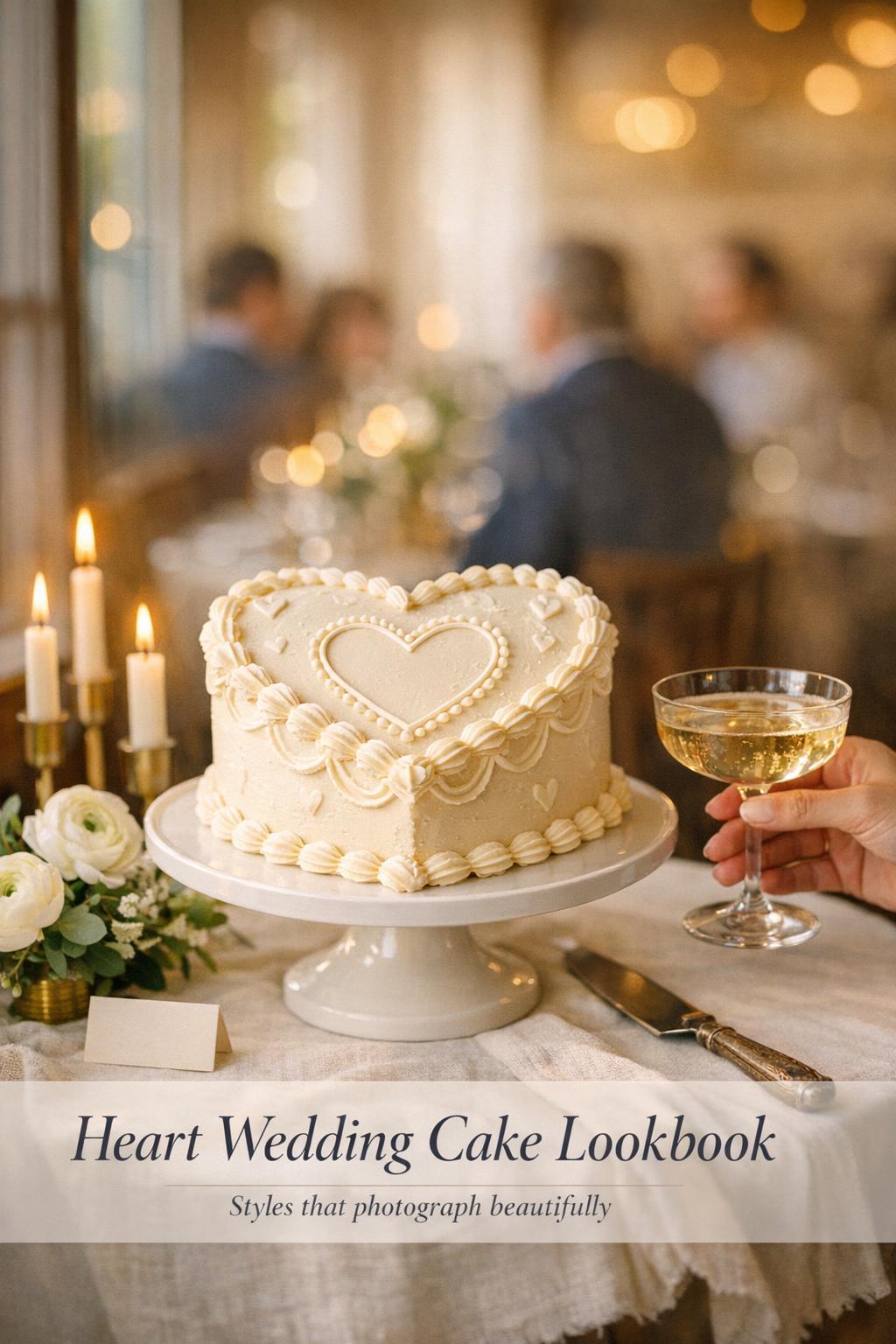 Heart wedding cake on ivory pedestal with candles and ranunculus in warm window light at an intimate city reception