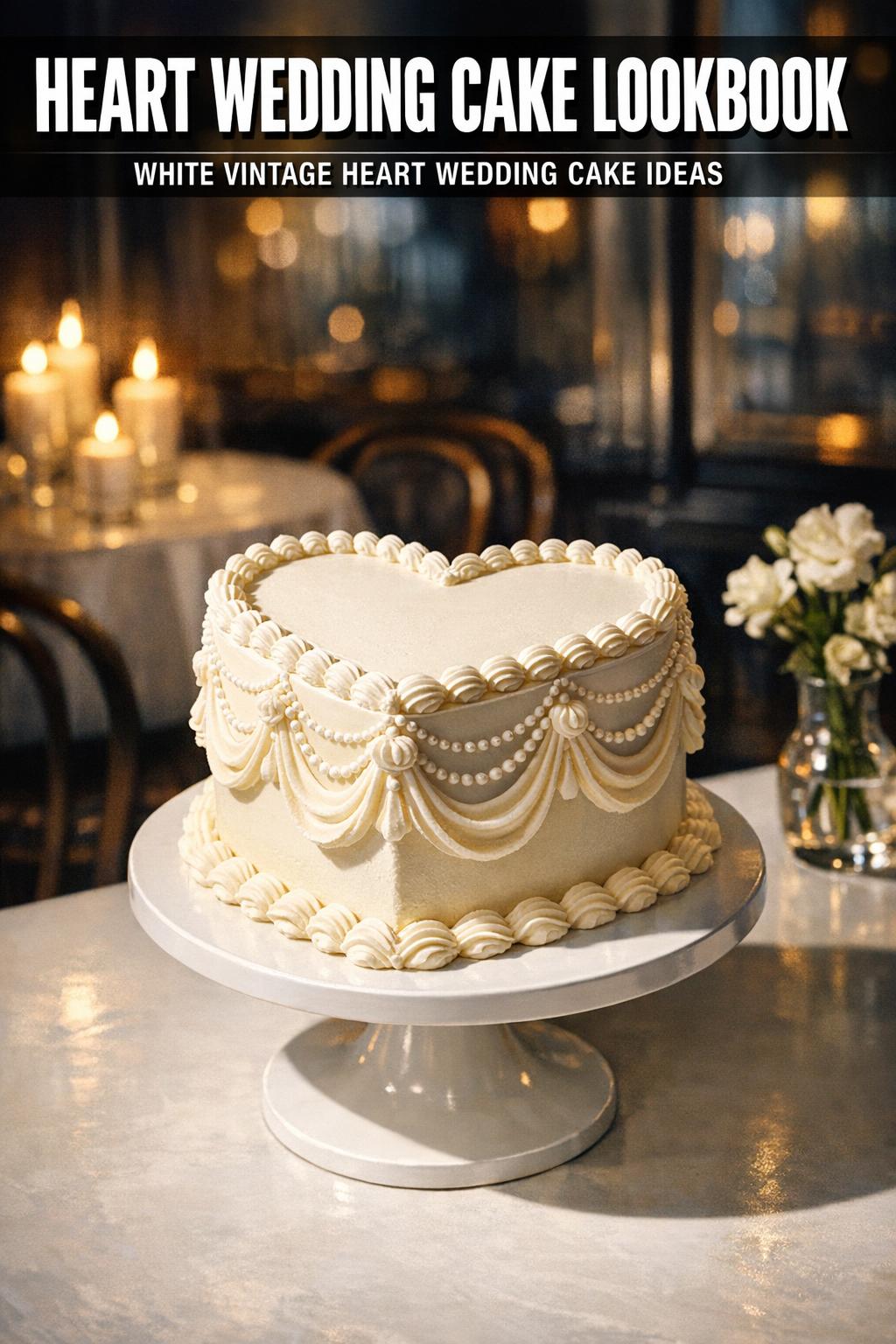 Heart wedding cake with elegant white frosting and romantic floral accents on a reception table