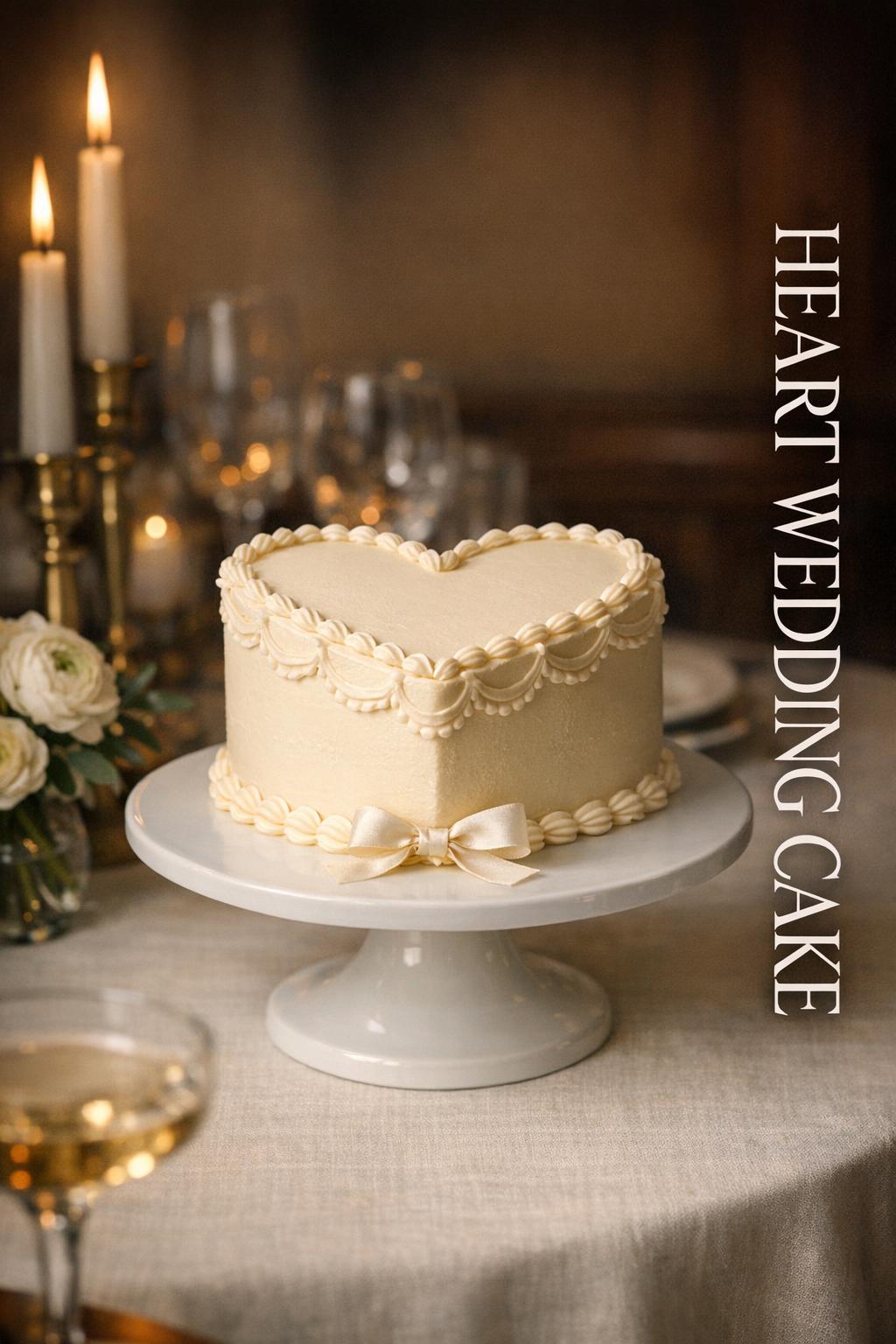 Heart wedding cake on white pedestal with candlelit reception decor and elegant text overlay in warm ivory tones