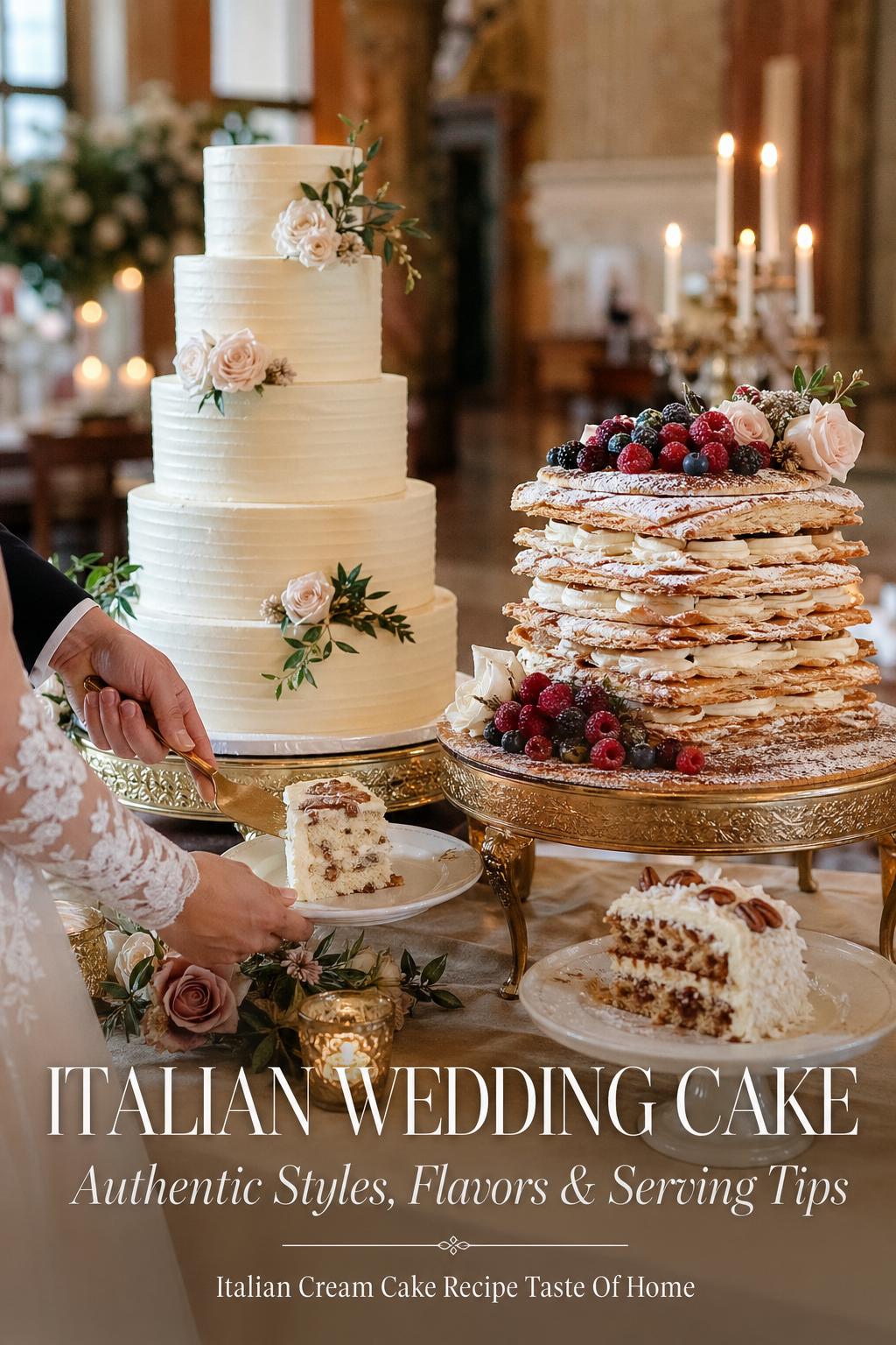 Italian wedding cake display with millefoglie, berries, and candlelit reception table in an elegant Italian-inspired venue