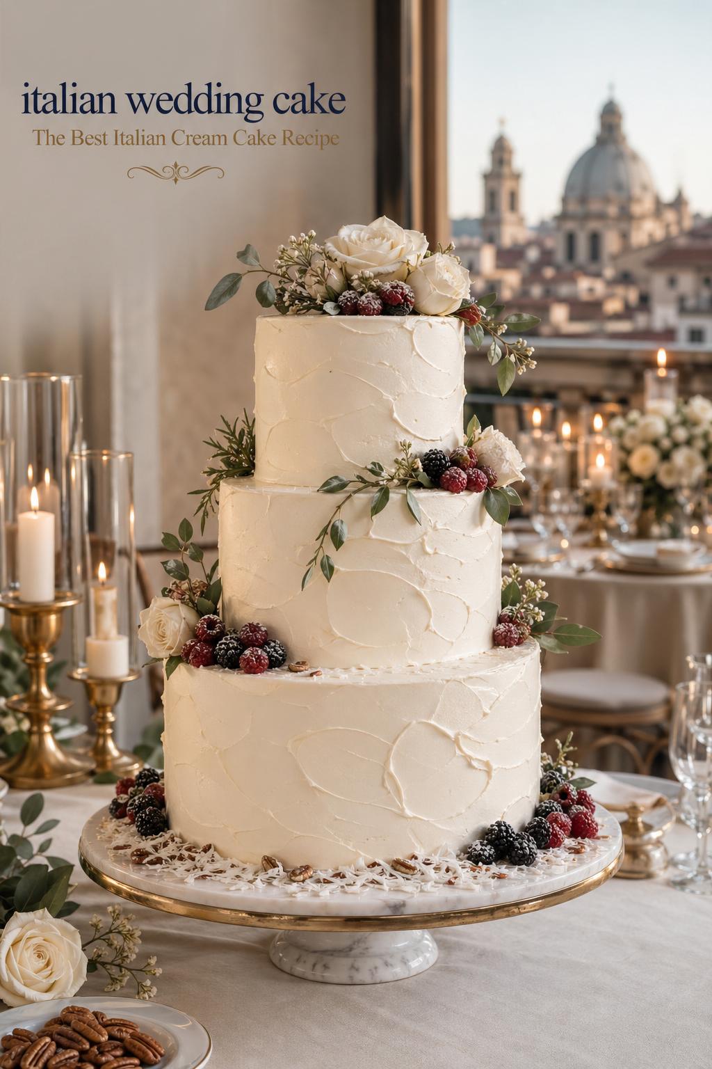 Italian wedding cake display with millefoglie layers, berries, candles, and elegant reception tablescape in neutral tones