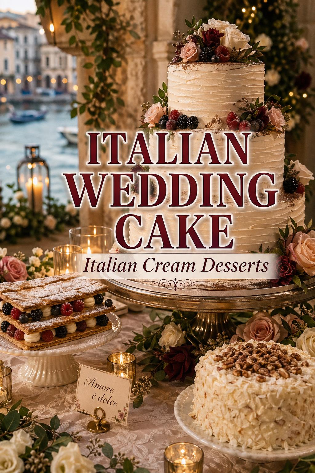 Italian wedding cake display on elegant reception table with candles, florals, berries, and warm golden-hour lighting
