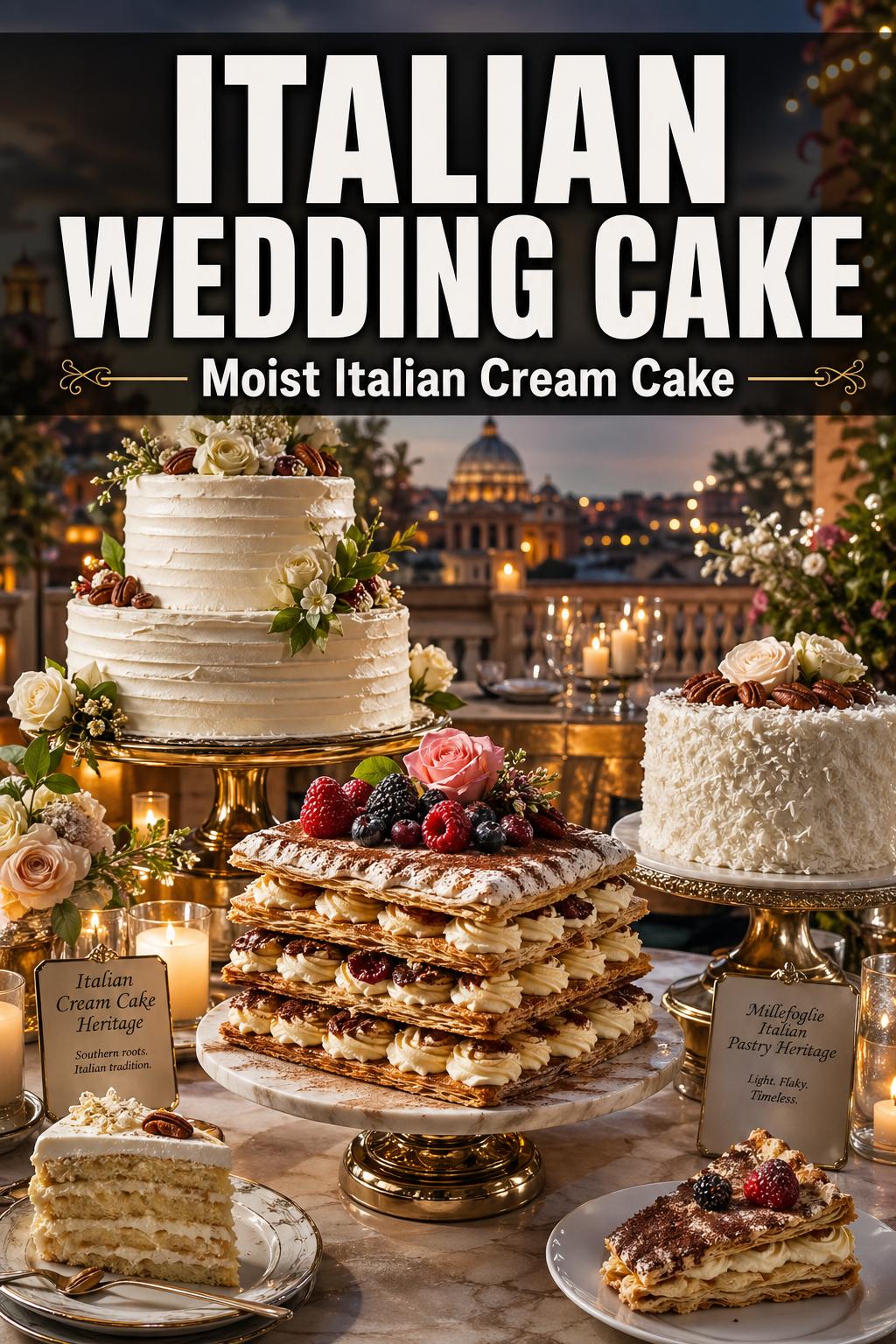 Italian wedding cake elegantly decorated with fresh flowers on a reception table
