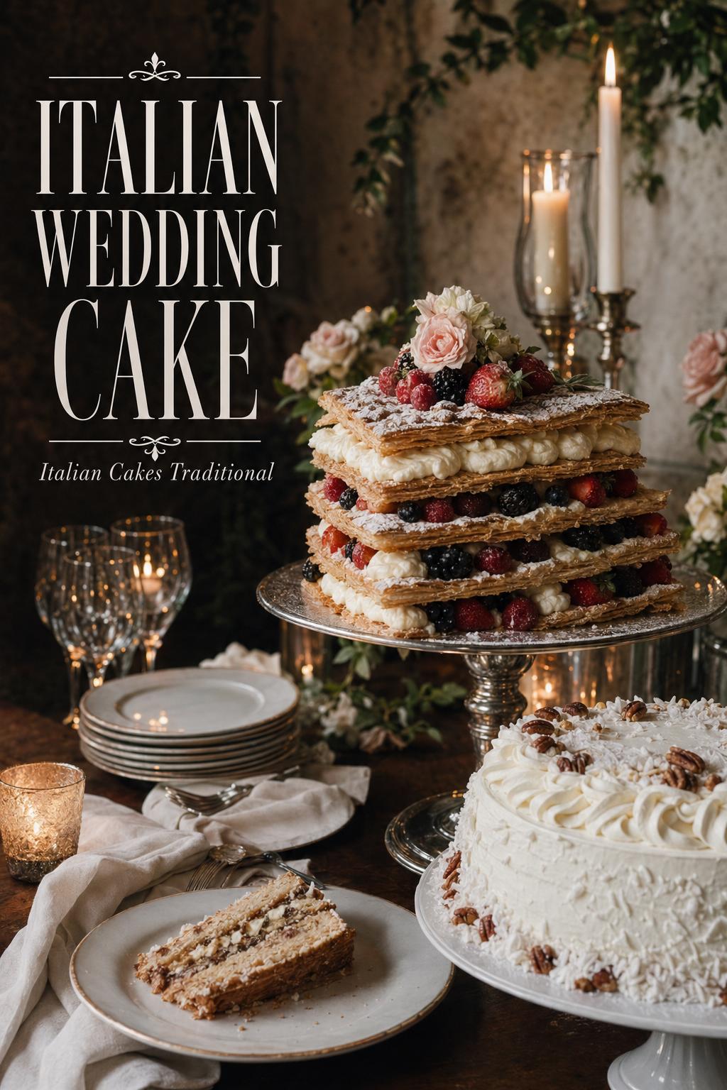 Italian wedding cake display with millefoglie, berries and candlelit reception styling in a luxury city venue
