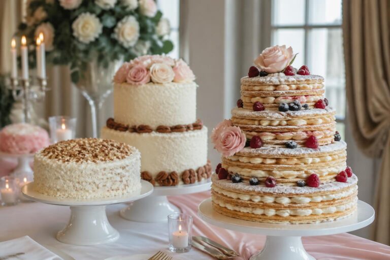 Elegant italian wedding cake millefoglie with cream layers and berries on a reception table