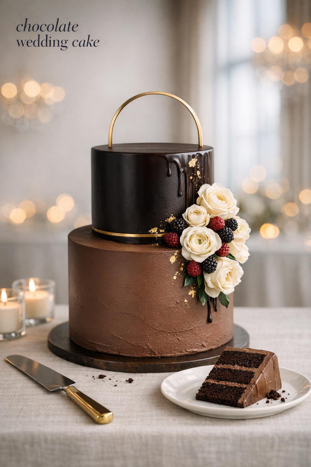 Luxurious chocolate wedding cake with gold leaf, ivory florals, and candlelit reception table styling in an editorial photo
