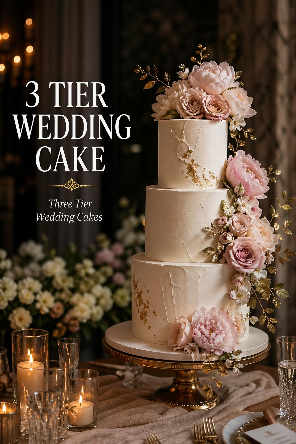 Luxury 3 tier wedding cake with ivory buttercream, blush florals, and candlelit reception backdrop in a refined editorial scene