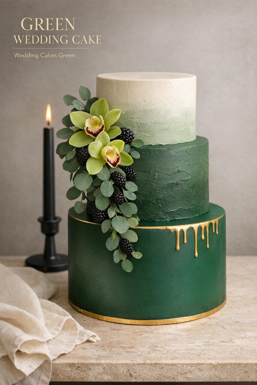 Luxury green wedding cake with emerald, dark green and sage tiers, gold drip, orchids and eucalyptus on stone table