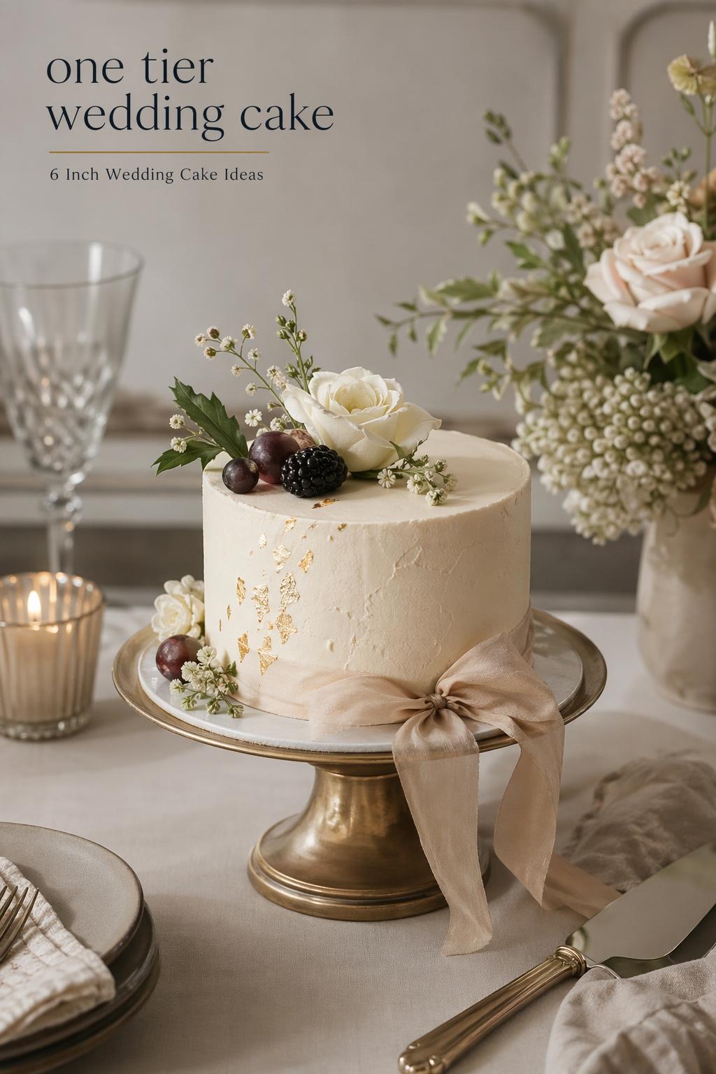 Luxury one tier wedding cake on a pedestal stand in soft natural light with elegant neutral wedding styling