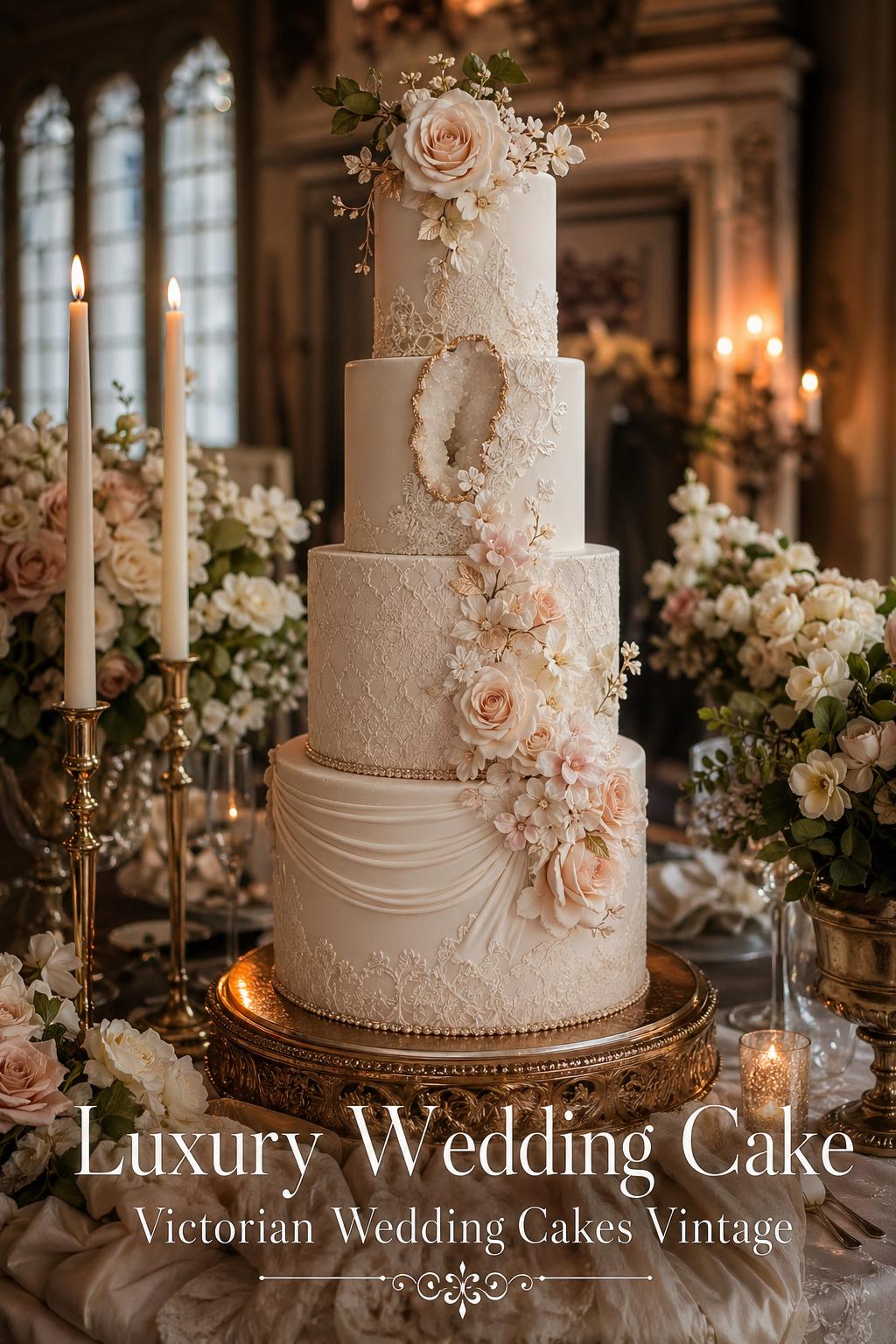 Luxury wedding cake with sculptural tiers, sugar flowers, and candlelit ballroom décor in a historic estate reception