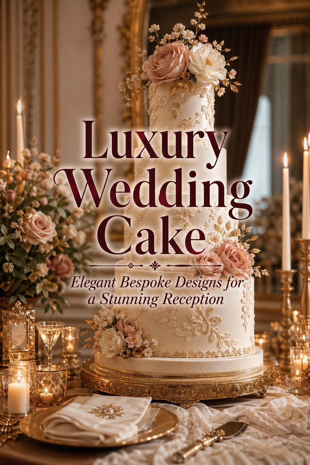 Luxury wedding cake centerpiece on a candlelit reception table with blush florals and warm golden-hour glow