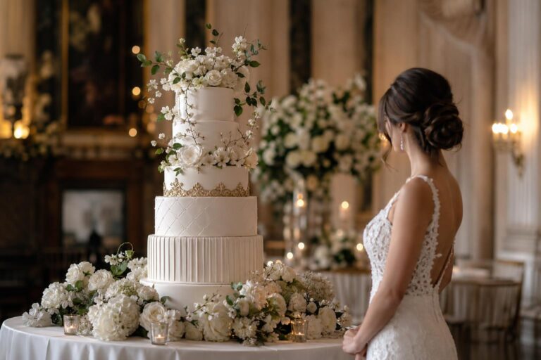 Luxury wedding cake with sculpted tiers, couture sugar flowers, and gold accents on an elegant reception dessert table