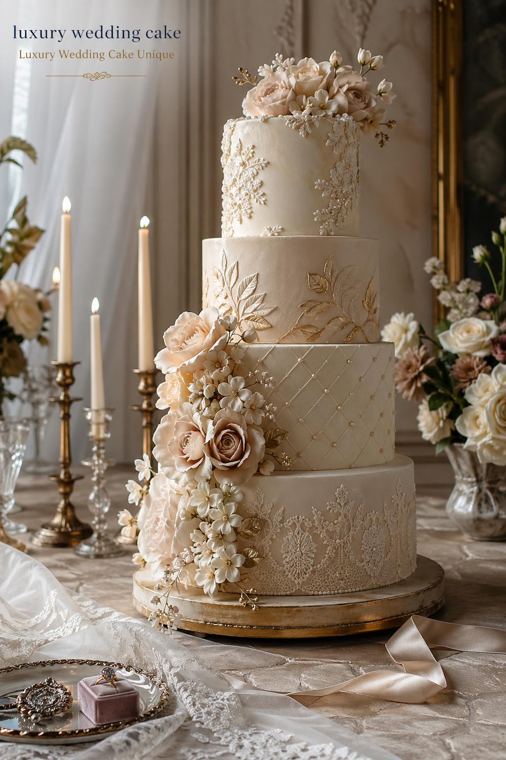 Luxury wedding cake with couture sugar flowers, lace piping, candlelit editorial styling in a minimalist bridal setting