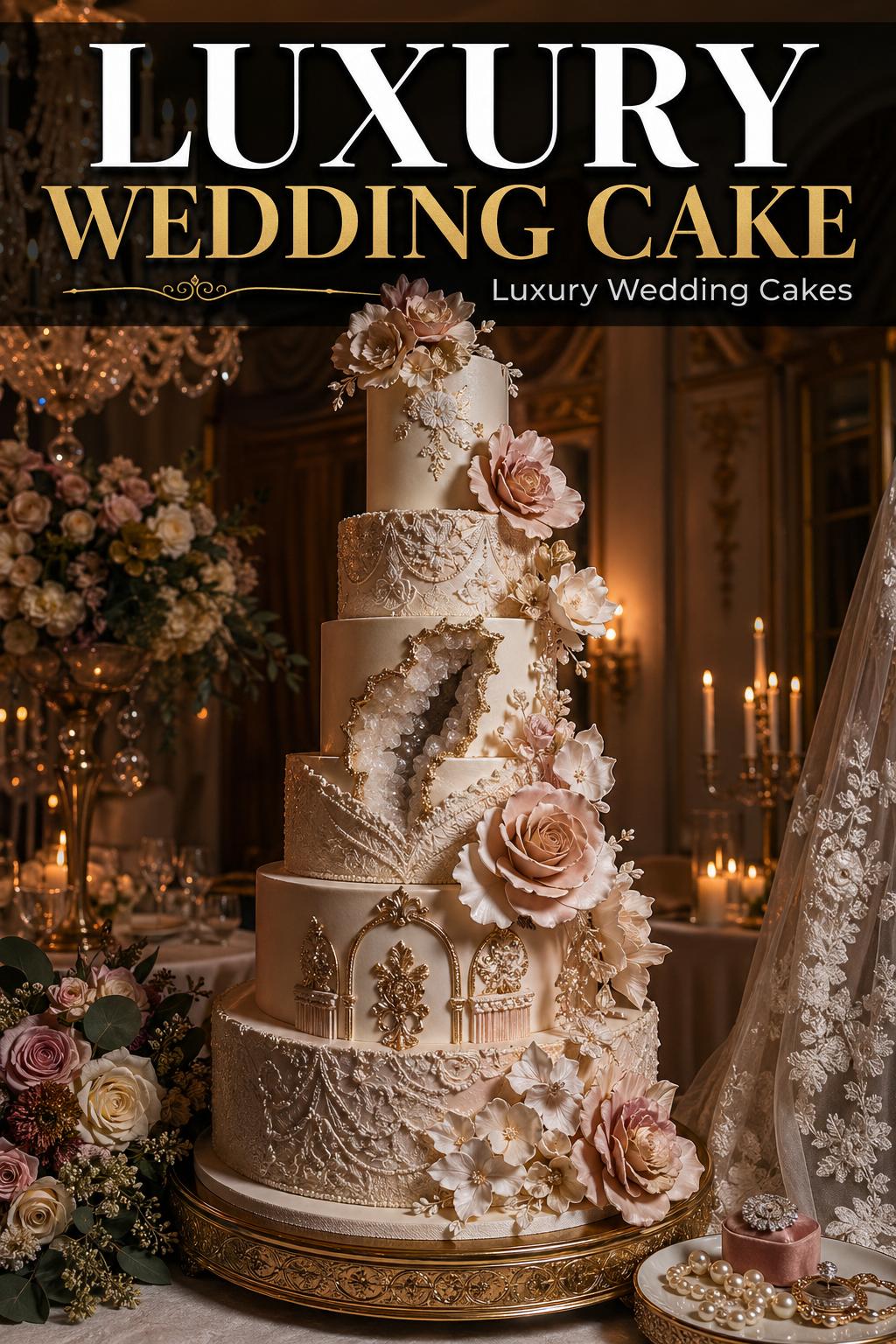 Luxury wedding cake with elegant white tiers, intricate floral detailing, and soft reception lighting