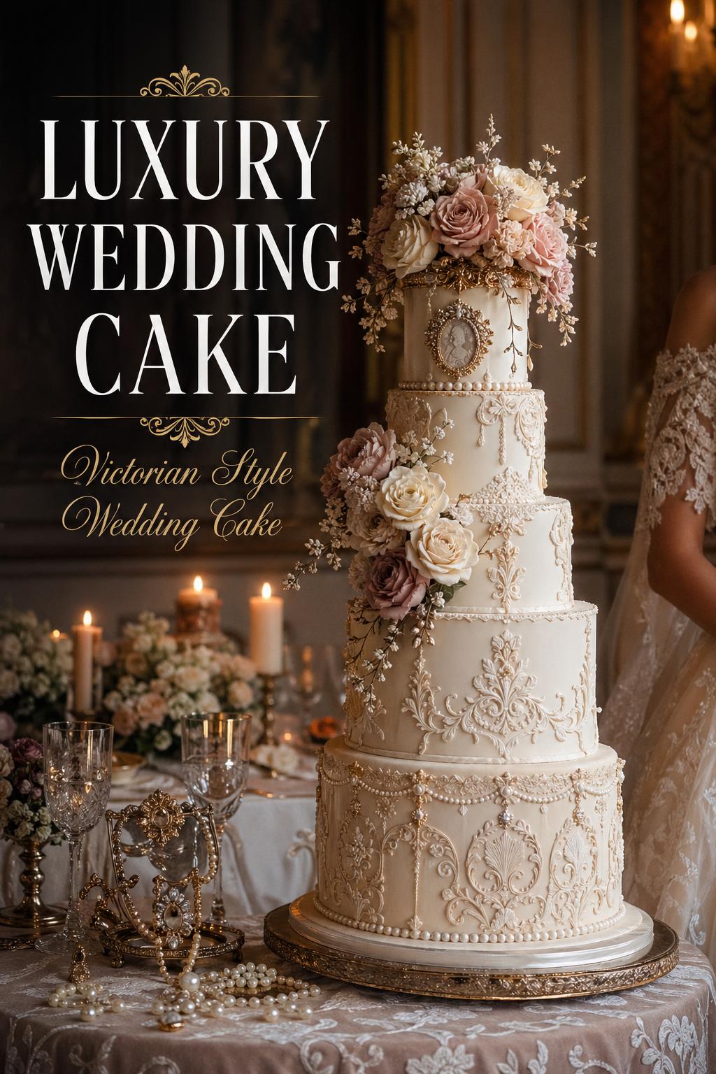 Luxury wedding cake Victorian style in candlelit historic ballroom with lace details, sugar flowers, and bridal accents