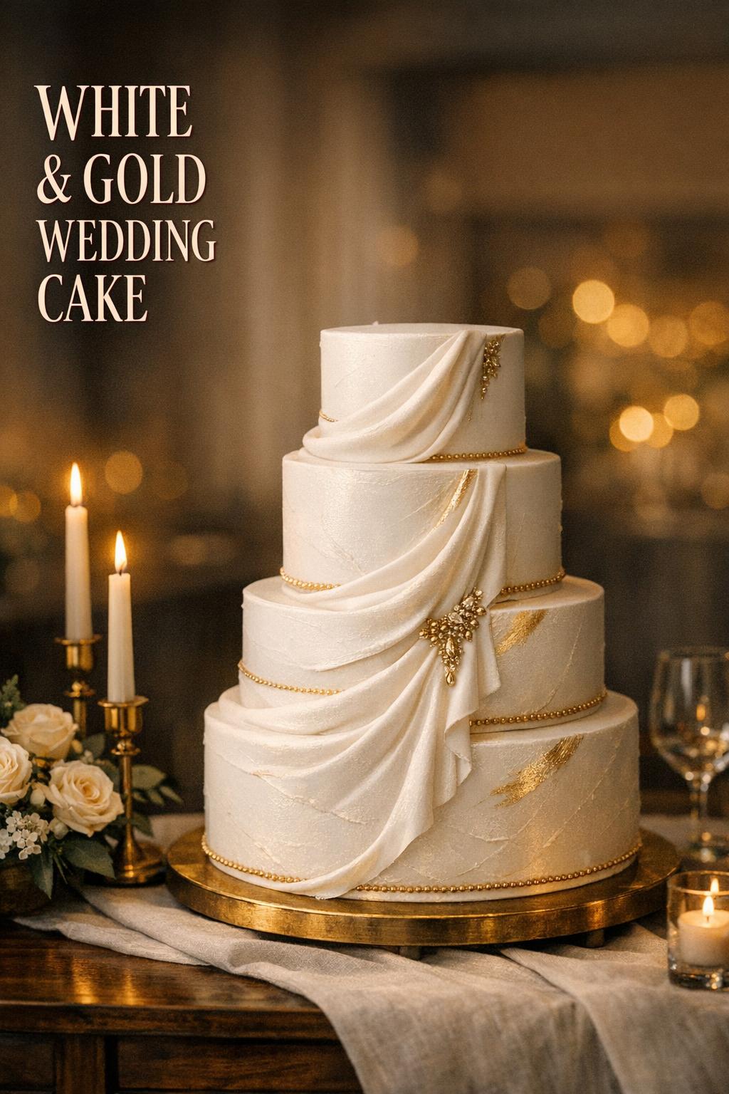 Luxury white and gold wedding cake on elegant reception table with candles and soft florals in a modern ballroom