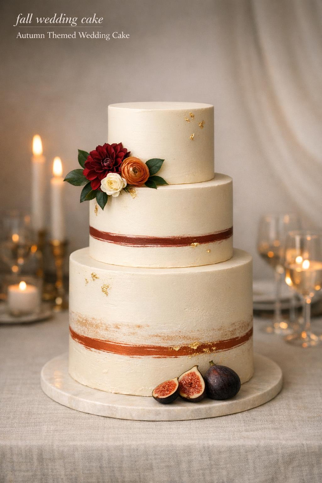 Minimalist fall wedding cake with terracotta and burgundy accents, figs, candlelit reception backdrop, elegant text overlay