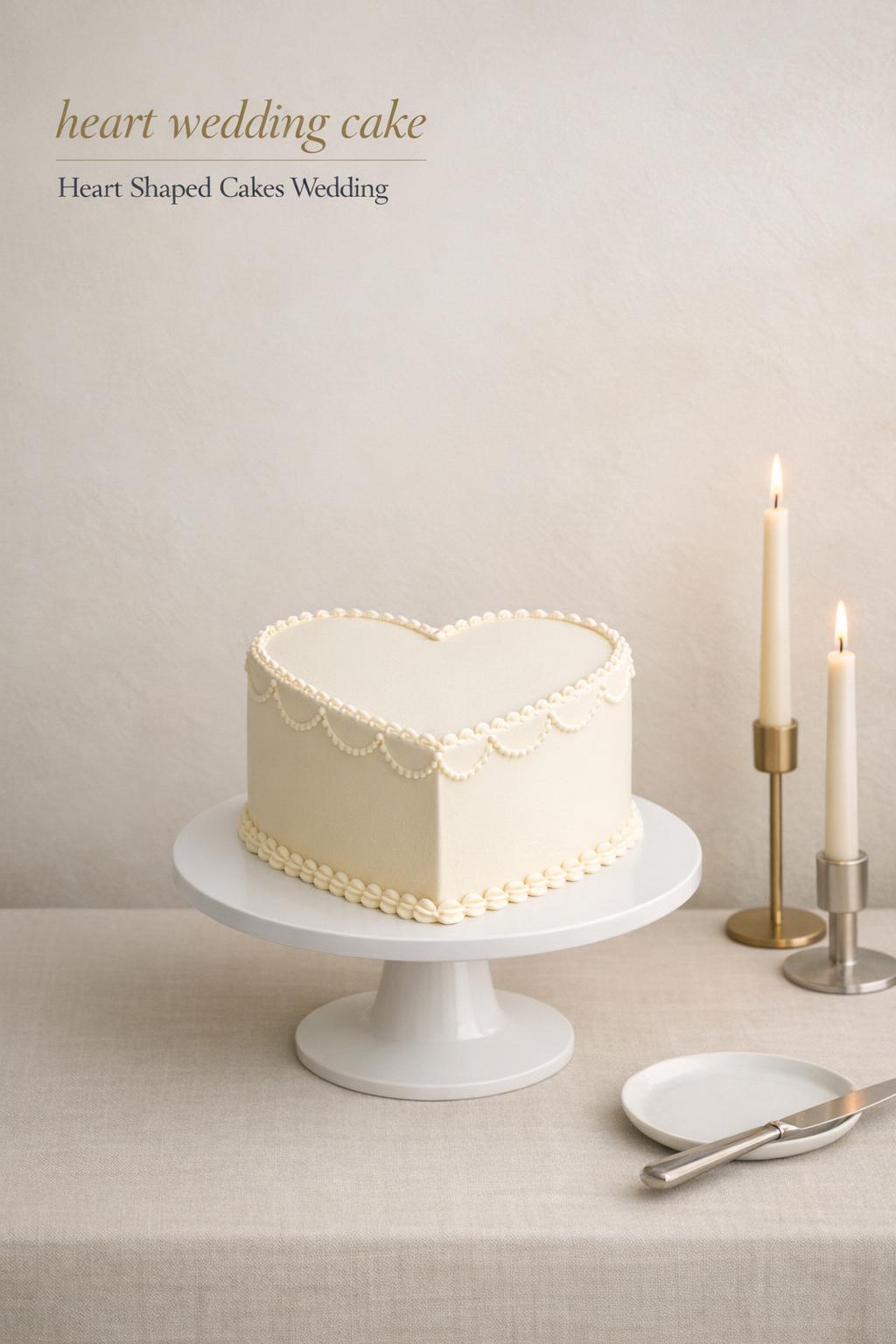 Heart wedding cake on minimalist pedestal table with candles, linen cloth, and modern neutral studio reception setting