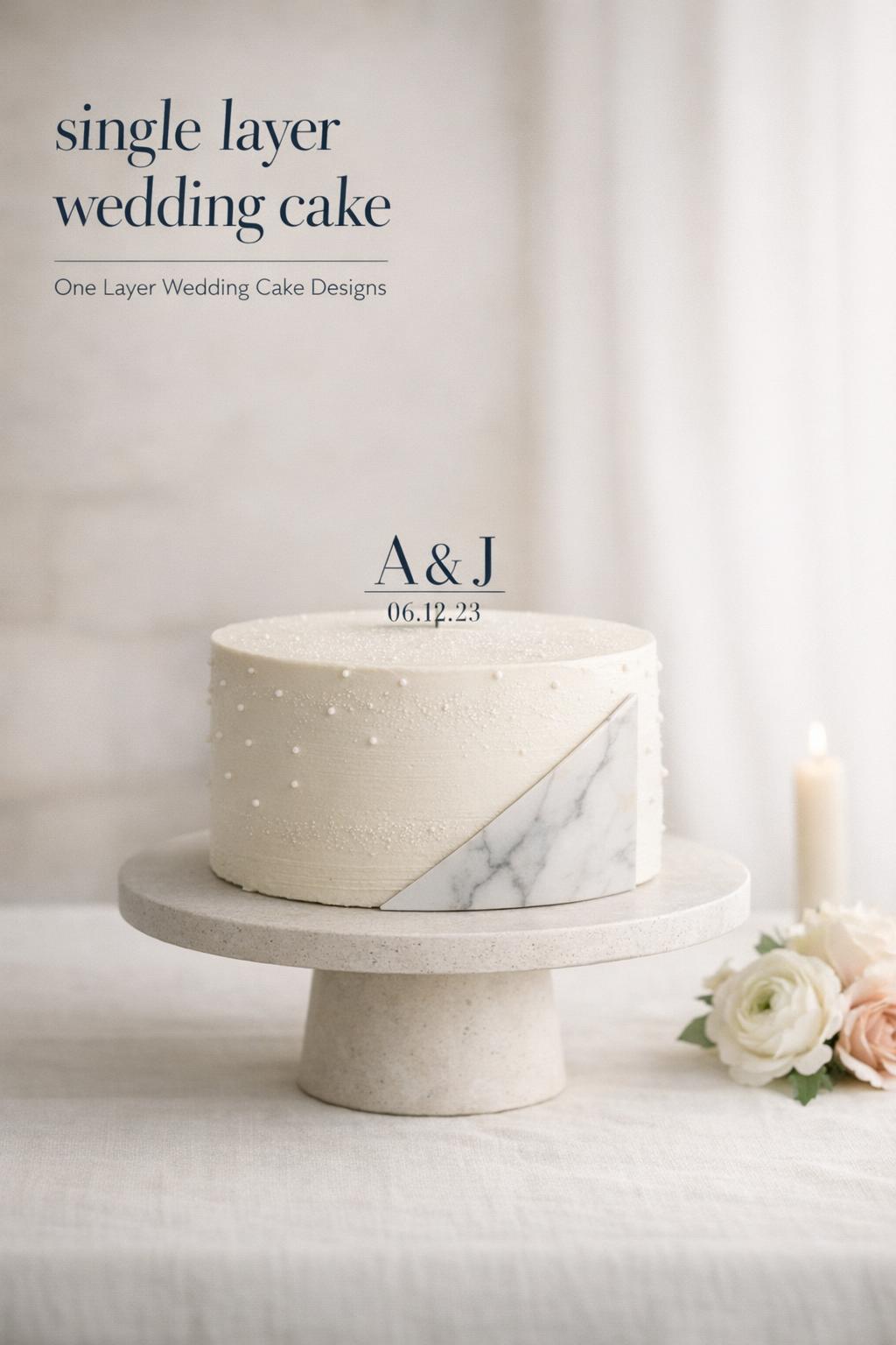 Minimalist single layer wedding cake on stone pedestal with monogram topper, soft neutral reception background