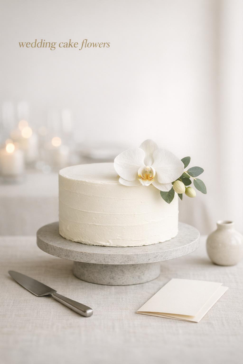 Modern minimalist white buttercream cake with orchid and eucalyptus wedding cake flowers on linen table in warm daylight