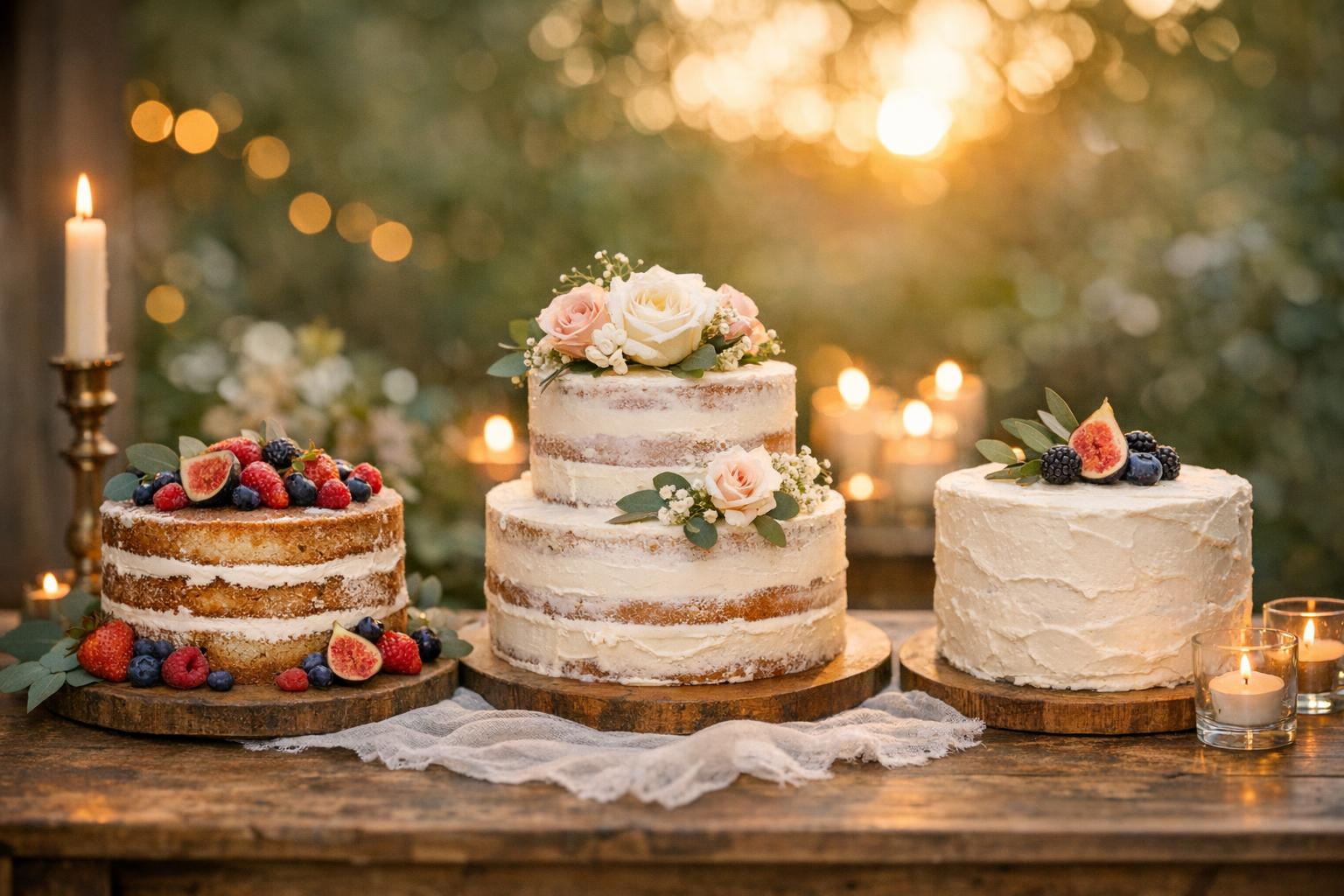 Naked cake wedding with exposed layers, fresh berries, and rustic floral accents on a wooden stand