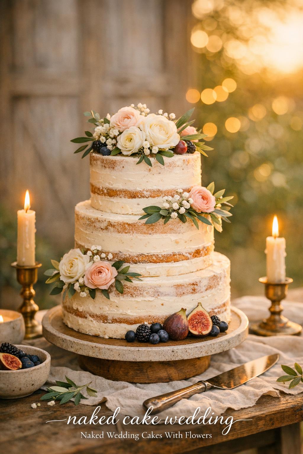 Naked cake wedding on rustic garden reception table with flowers, berries, and candlelight in a barn setting