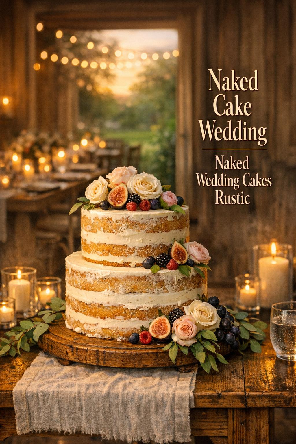 Naked cake wedding on antique wooden table with figs, berries, and candles in a rustic barn reception at golden hour