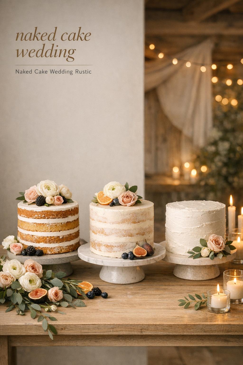 Naked cake wedding styling with three cakes on a pale oak table, garden flowers, figs, and candlelit barn backdrop
