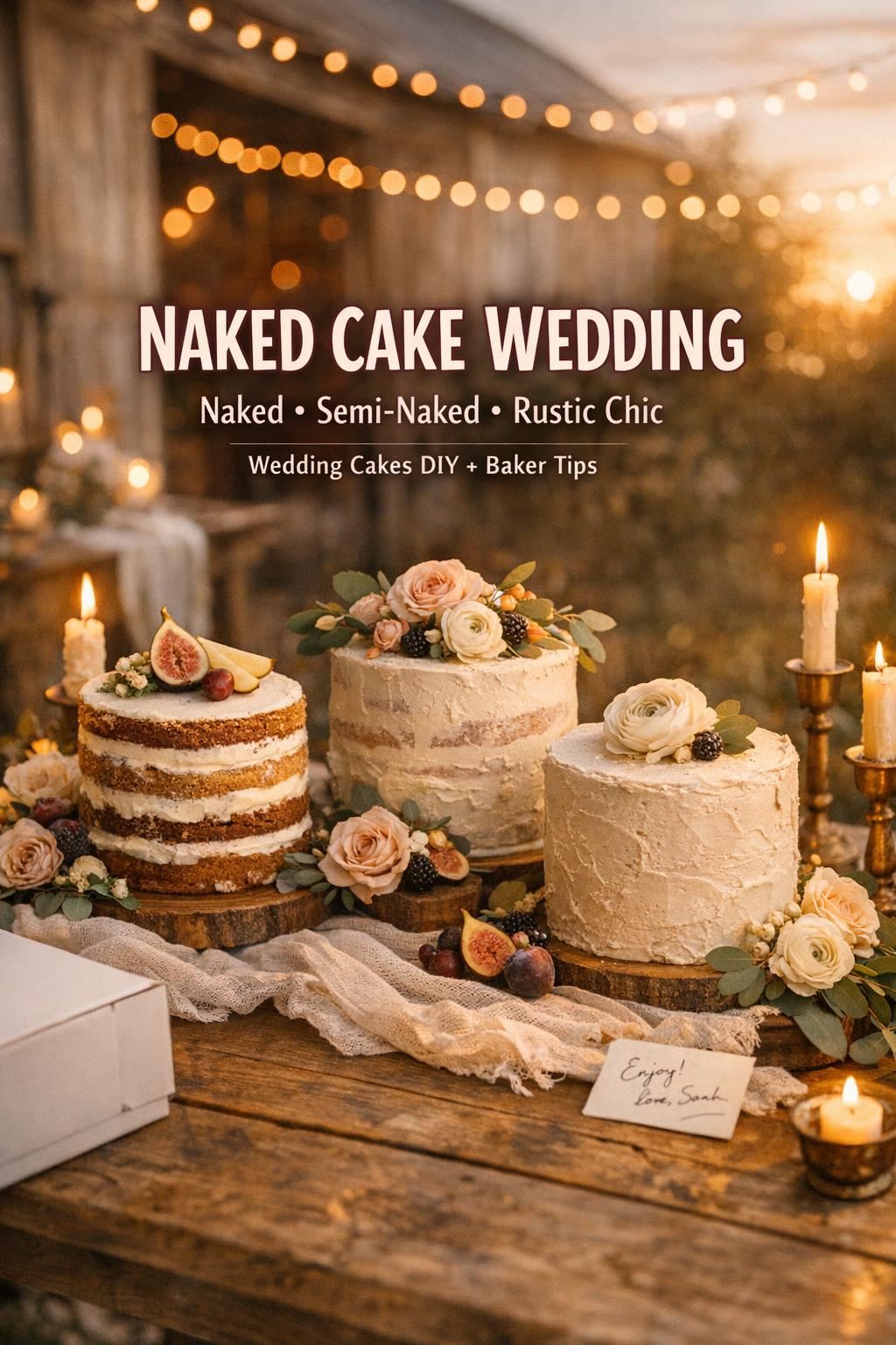 Naked cake wedding table with three rustic cakes, candles, flowers, and sunset garden barn reception styling